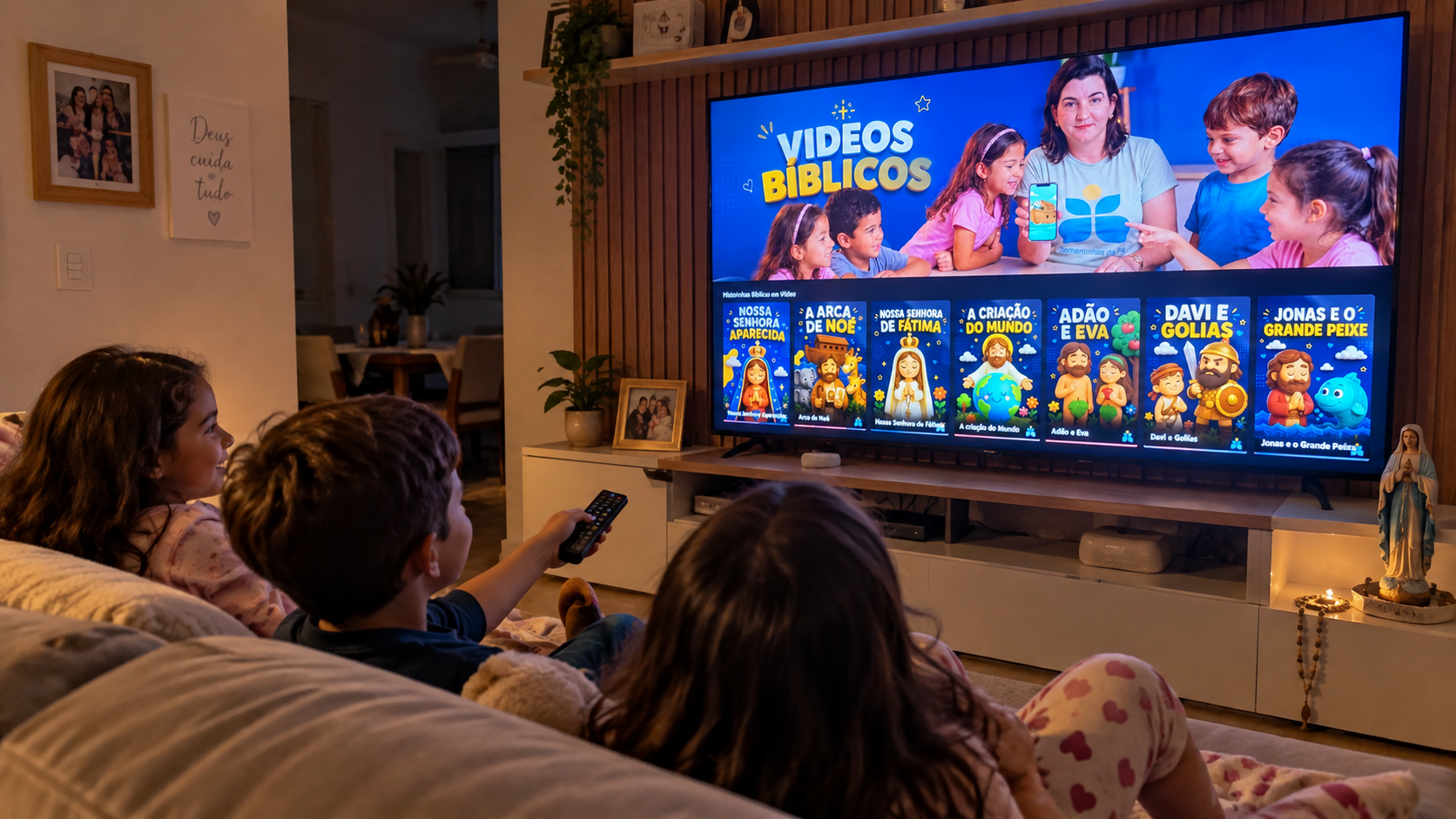 Família assistindo aos vídeos bíblicos da Sementinhas TV