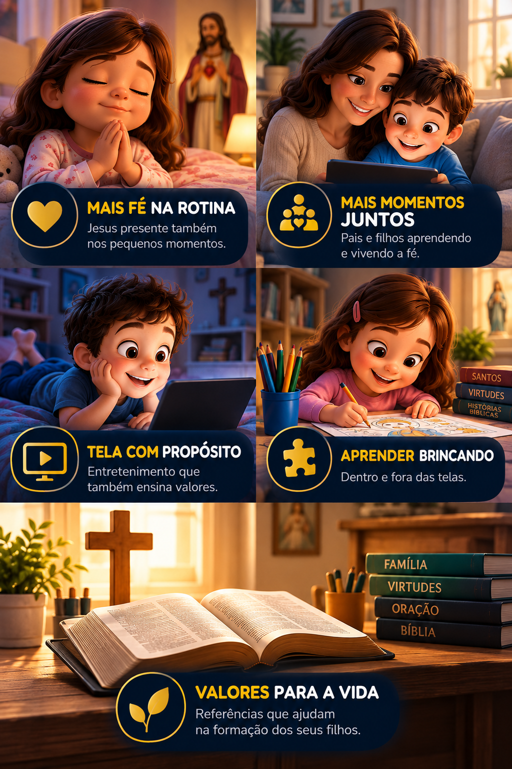 Mais fé na rotina, mais momentos juntos, tela com propósito, aprender brincando e valores para a vida
