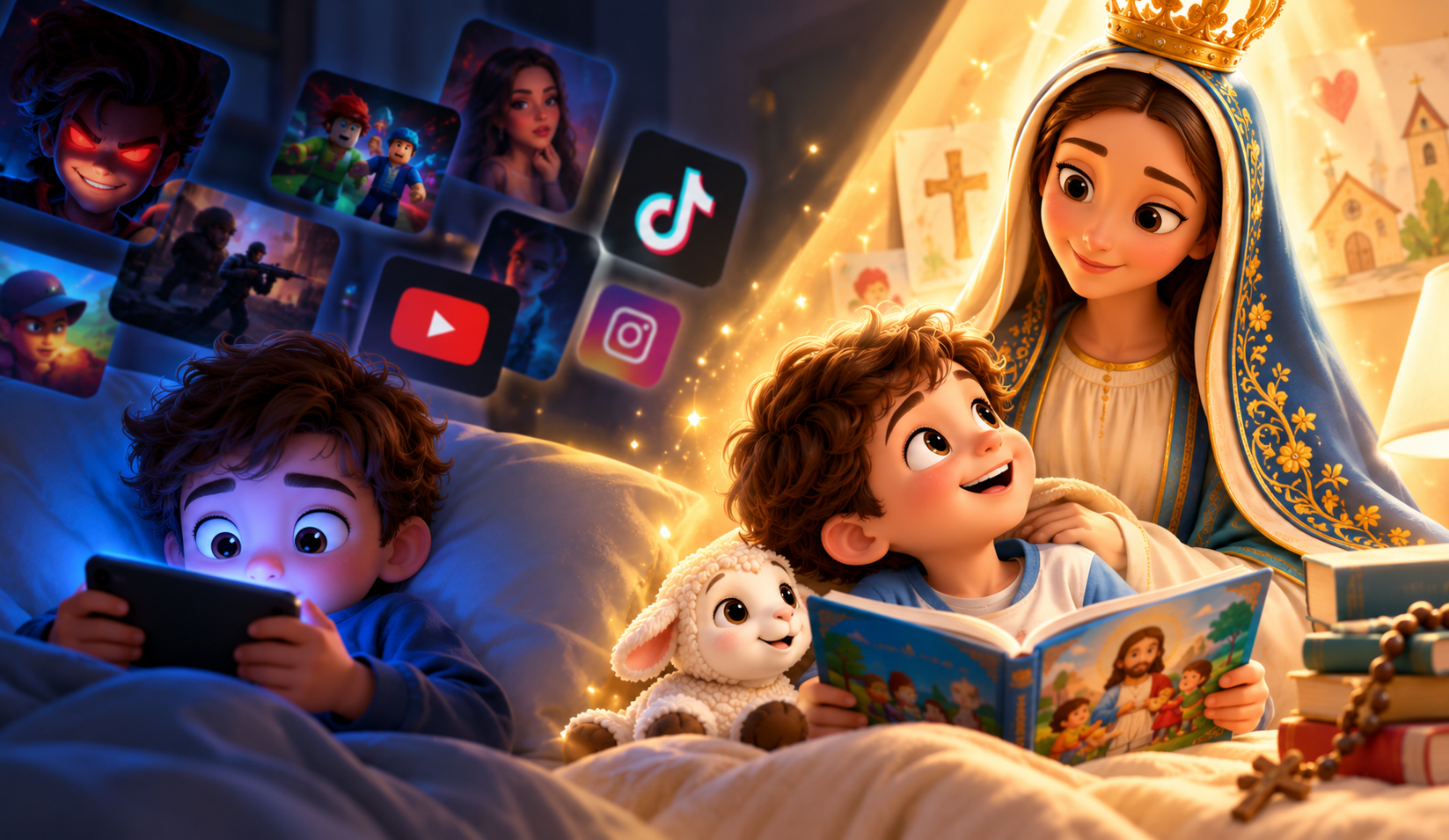 Nossa Senhora Aparecida acompanhando uma criança em uma leitura sobre Jesus, em contraste com conteúdos digitais